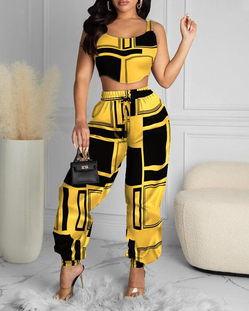 

Geometric Colorblock Crop Tank Top & High Waist Pants Set, Yellow
