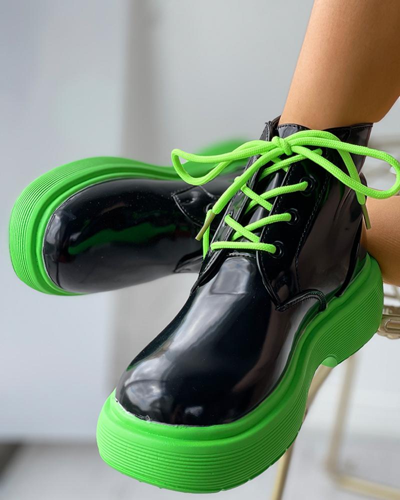 

Eyelet Lace-up Flatform Boots, Green