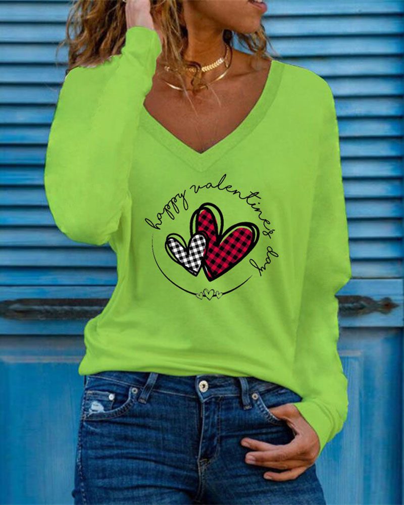 

Letter Heart Print Long Sleeve V-Neck Top, Green