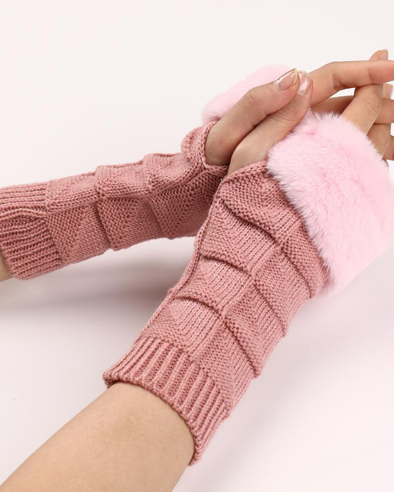 

1Pair Fuzzy Trim Warm Knit Fingerless Gloves, Pink