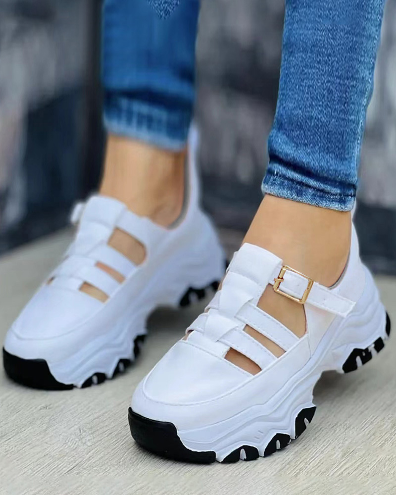 

Hollow Out Buckled Breathable Sneakers, White