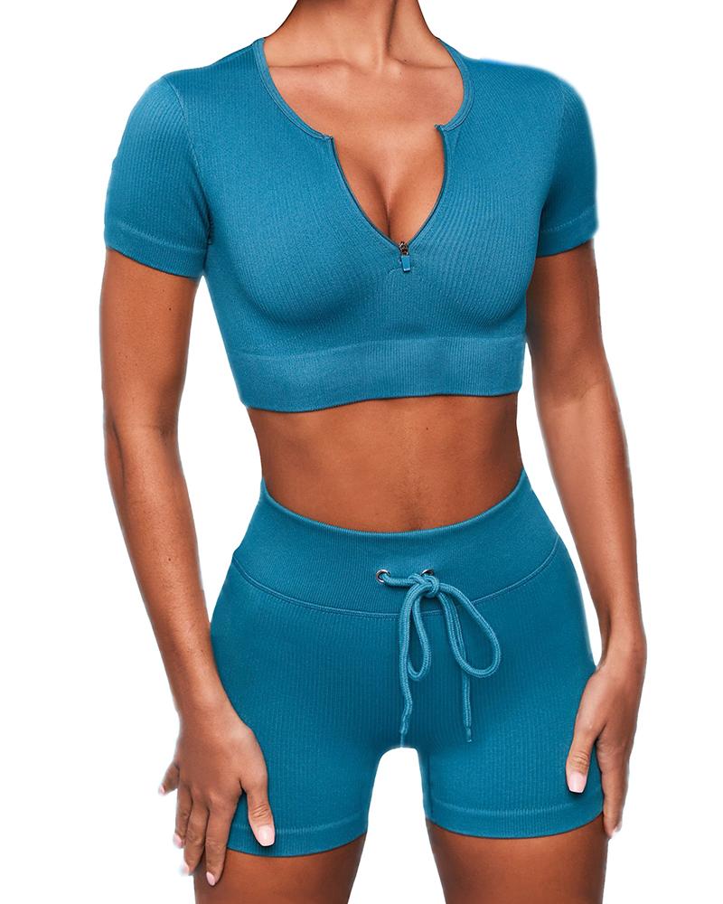 

Plain Short Sleeve Zipper Skinny Active Sets, Green