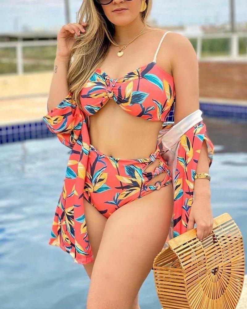 

3PCS Plants Print Cutout Bikini Set With Cover Up, Orange