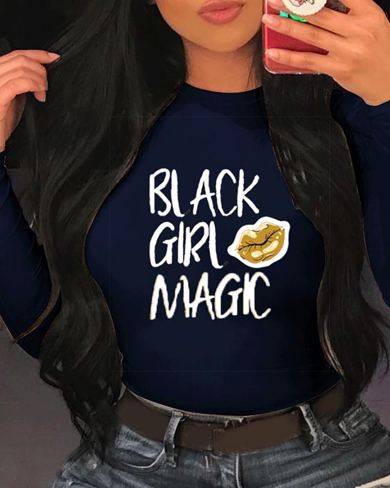 

Lip Letter Print Long Sleeve Casual T-shirt, Dark blue