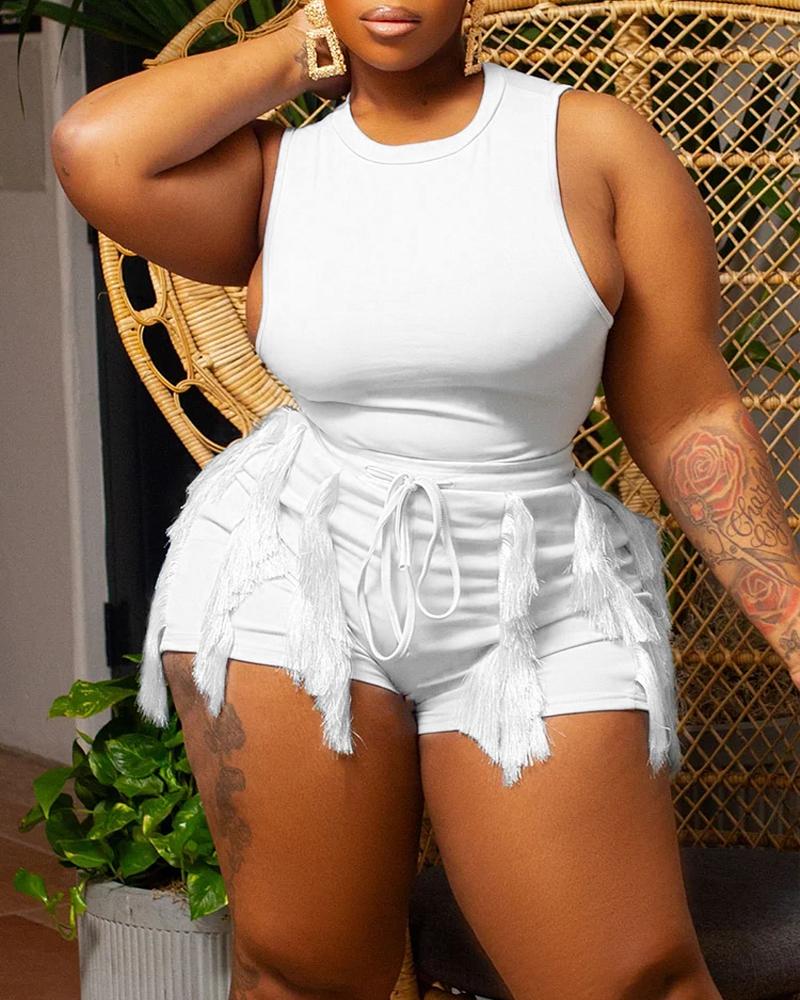 

Plus Size Crew Neck Tank Top & Tassel Design Shorts Set, White