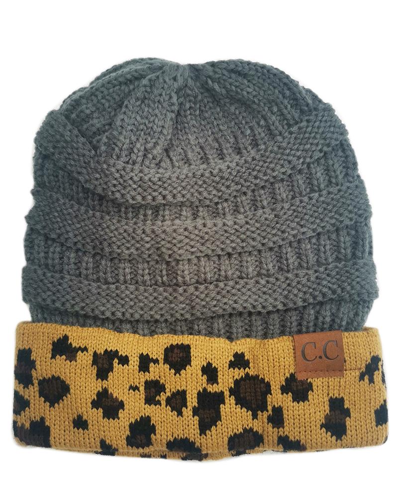 

Leopard Print Colorblock Winter Warm Knit Beanie Hat, Gray