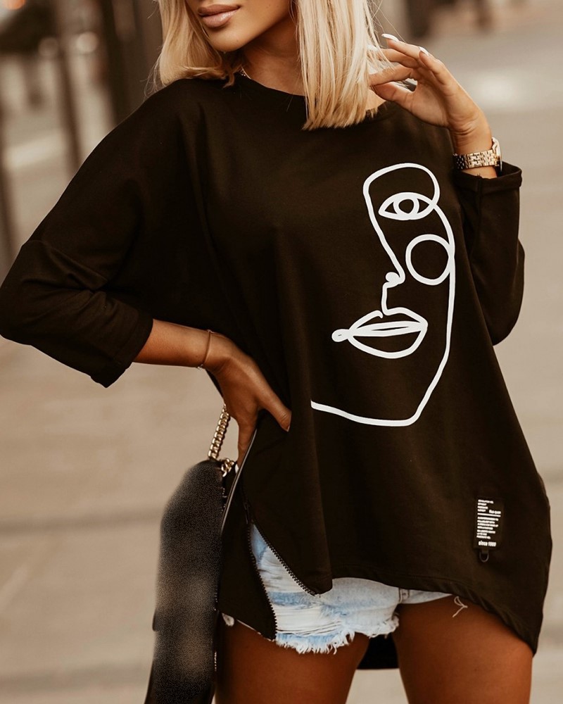 

Zipper Design Figure Pattern Print Casual Top, Black