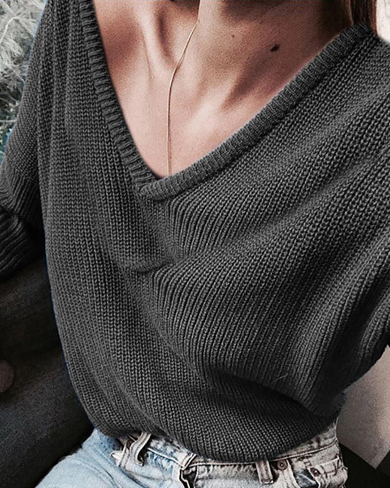 

Plunge Long Sleeve Casual Knit Sweater, Dark grey
