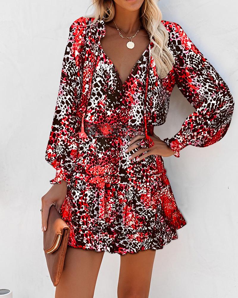 

Leopard Print Ruffles Long Sleeve Dress, Red