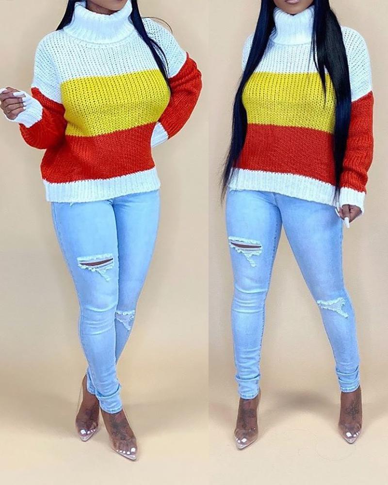 

High Neck Long Sleeve Colorblock Sweater, Yellow