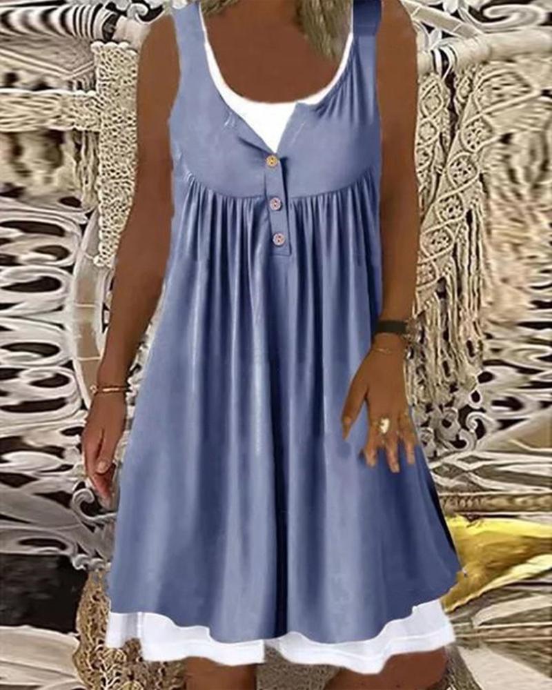 

Patchwork Ruched Design Casual Tank Dress, Blue