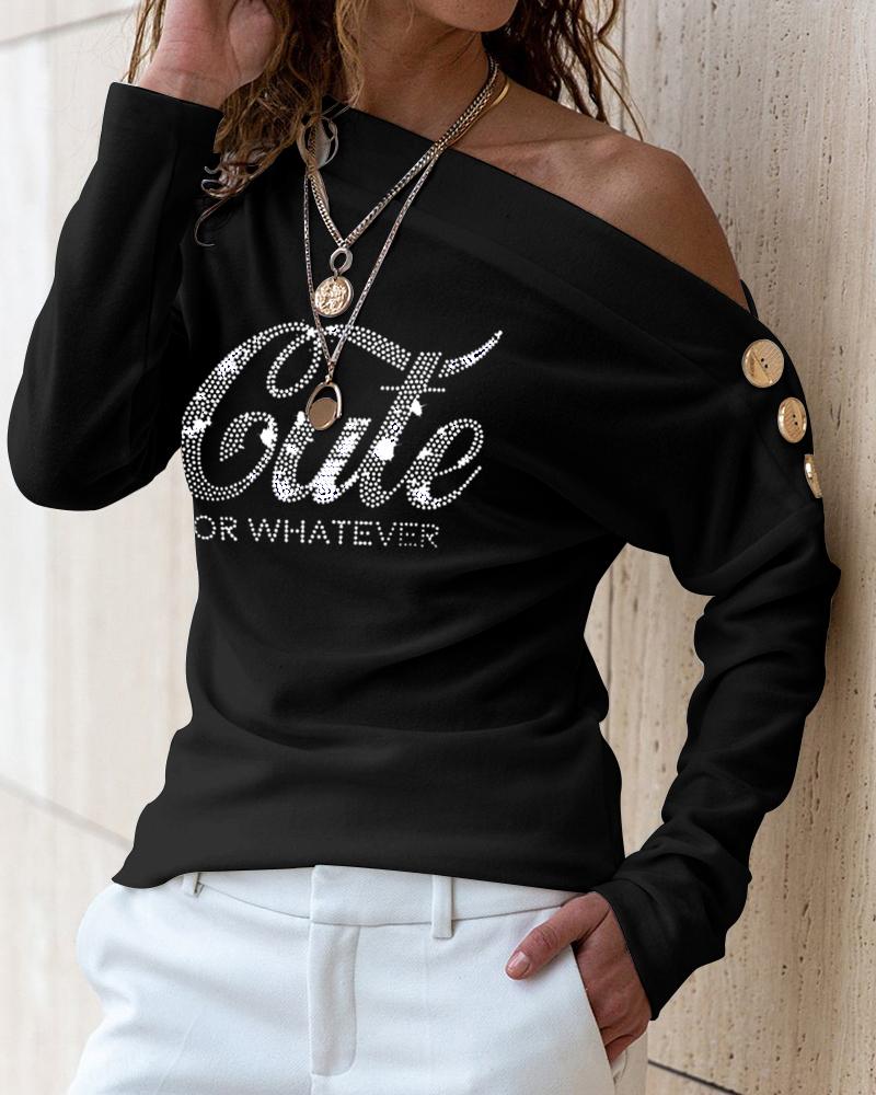 

Rhinestone Cute Or Whatever Pattern Skew Neck Top, Black