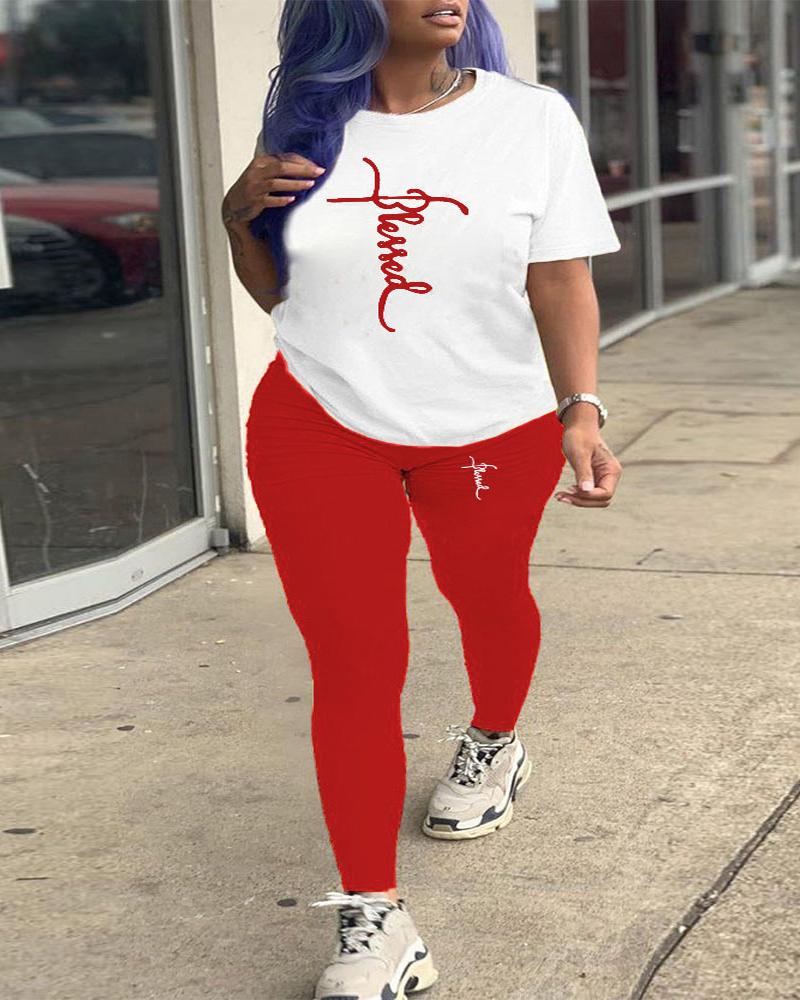 

Plus Size Blessed Print Casual Top & Pants Set, Red