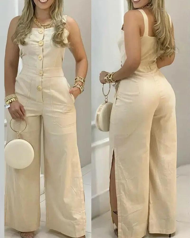 

Wide Leg Buttoned Suspender Jumpsuit, Apricot