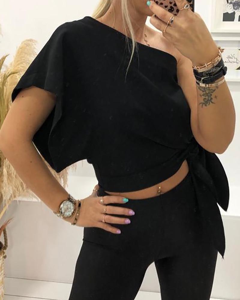 

One Shoulder Tie Design Crop Women Top, Black