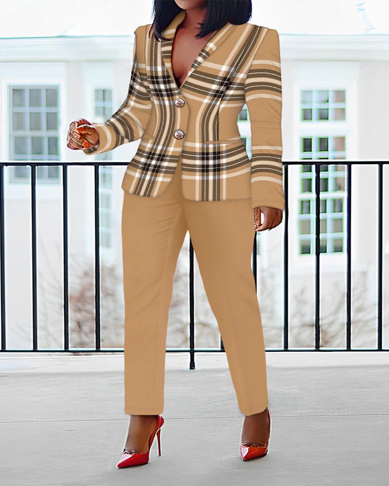 

Plus Size Plaid Print Buttoned Blazer Coat & Pants Set, Brown