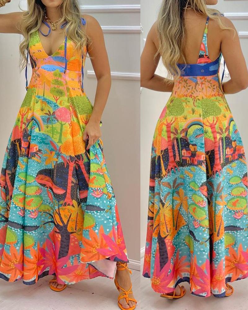 

Graphic Print Tied Detail V-Neck Maxi Dress, Multicolor