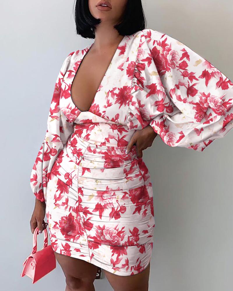 

Lantern Sleeve Plunge Floral Print Bodycon Dress, Hot pink