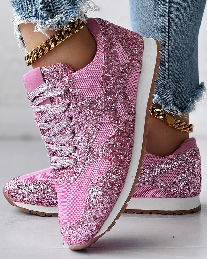 

Sequins Lace-up Muffin Sneakers, Pink