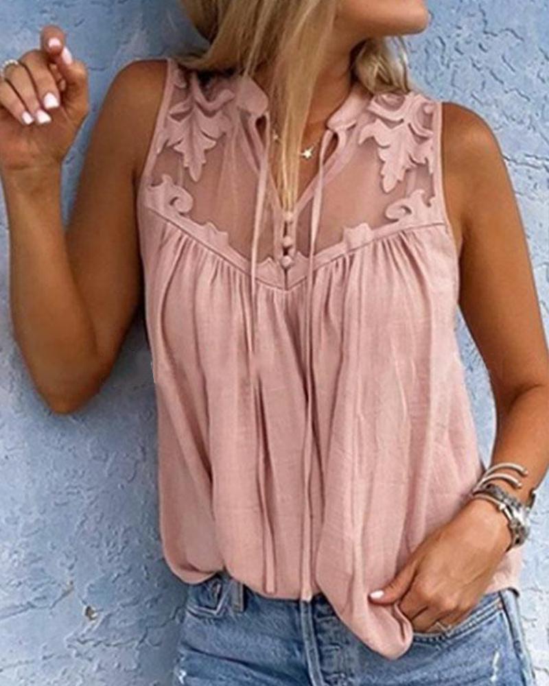 

Solid Color Splicing Mesh Sleeveless Chiffon Shirt, Pink