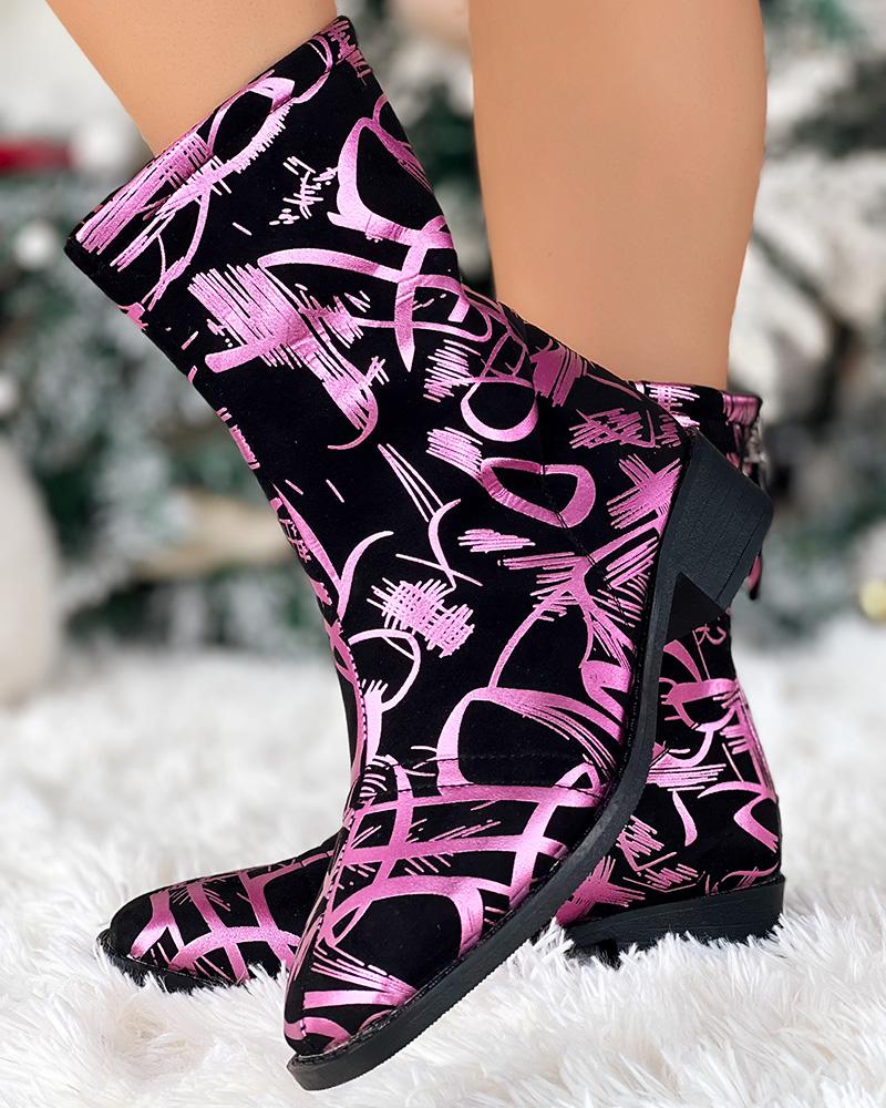 Abstract Print Chunky Heel Ankle Boots