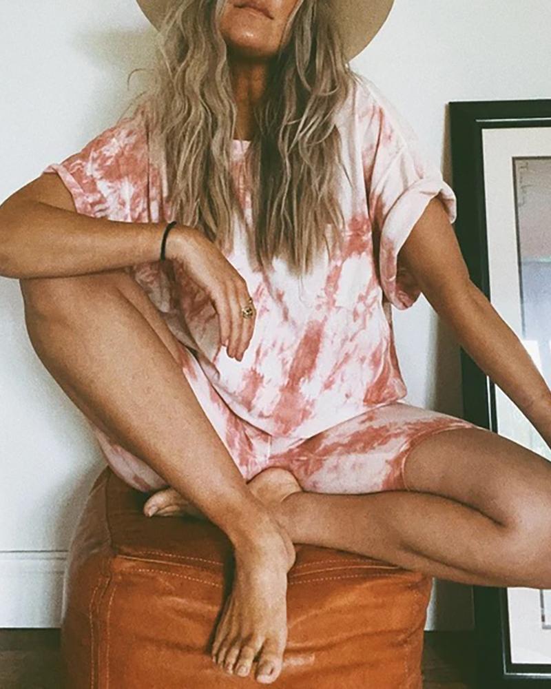 

Tie Dye Print Short Sleeve Pocket Pajamas Set, Pink