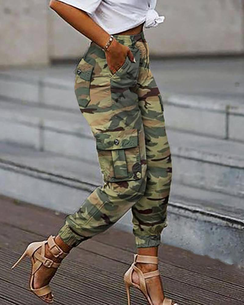 

Camouflage Print Pockets Design Casual Cargo Pants, Camoflage