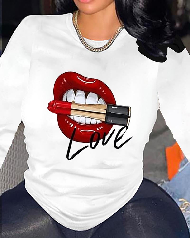 

Lip Letter Print Long Sleeve Casual Top, White