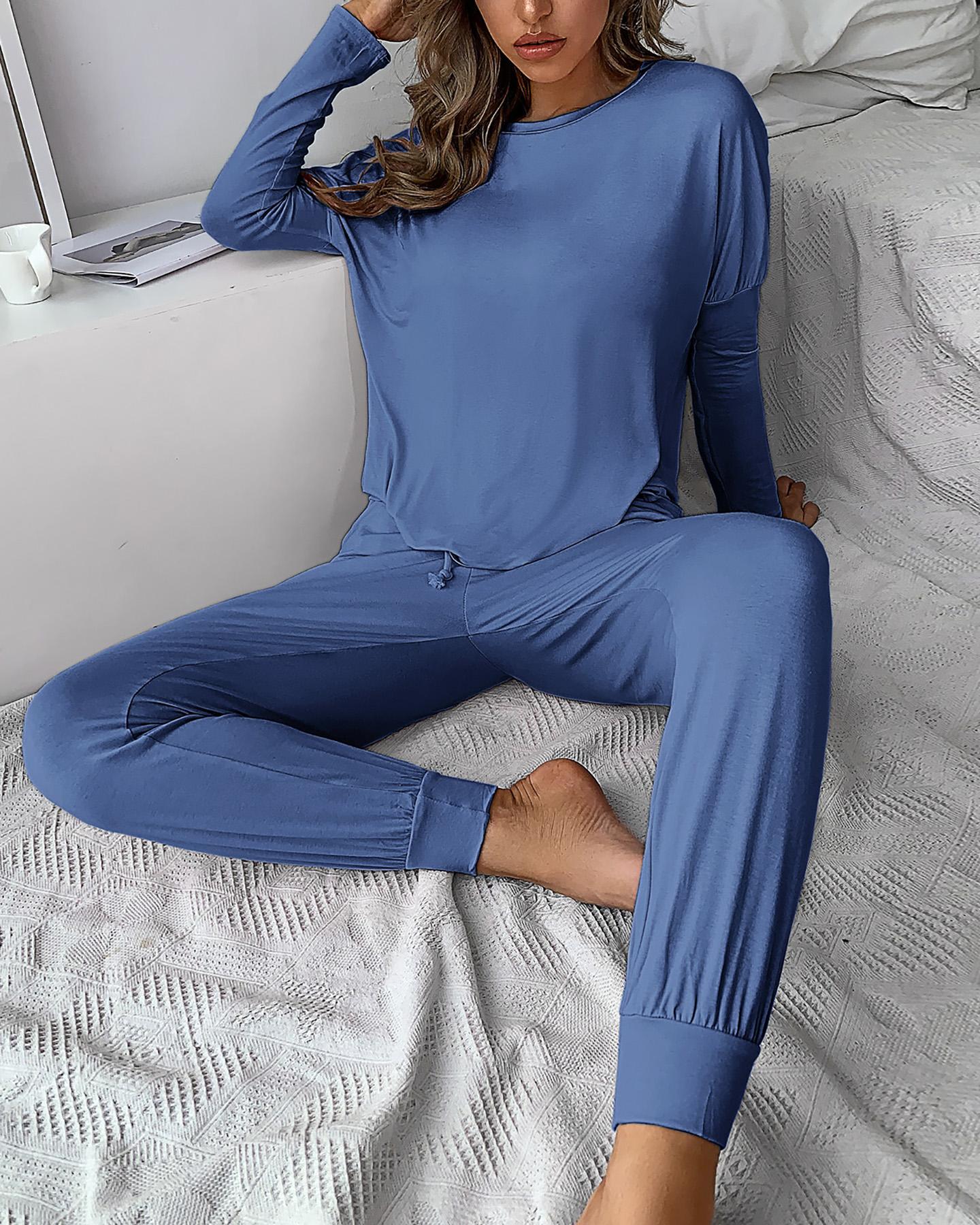 

Solid Long Sleeve Top & Drawstring Casual Pants Set, Blue