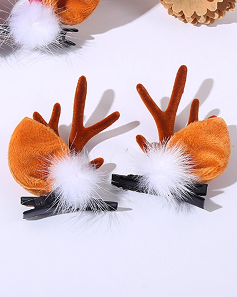 

1Pair Christmas Children's Accessories Cute Pom Pom Elk Antler Hair Clips, Brown