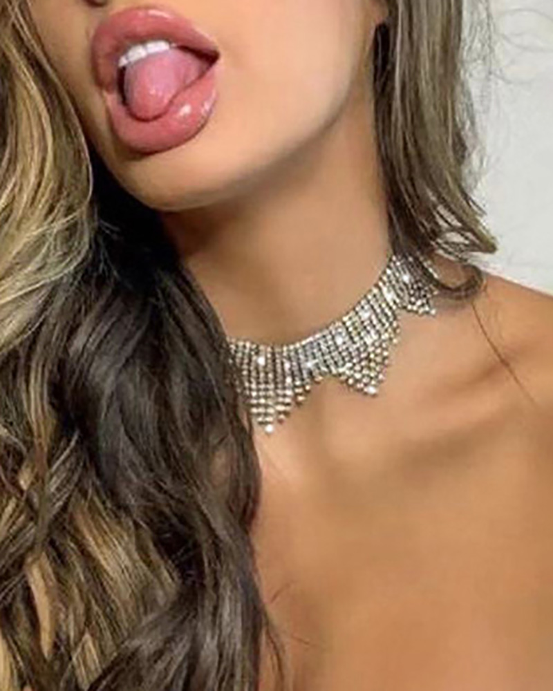 

Rhinestone Tassel Design Choker, Silver