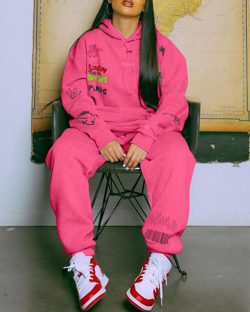 

Letter Print Hooded Top & Pants Set, Hot pink