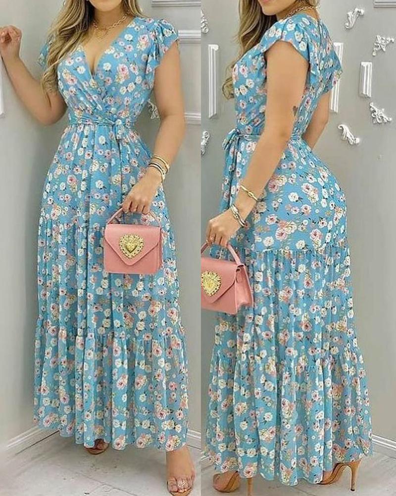 

Floral Print Ruffles Tied Detail Maxi Dress, Blue