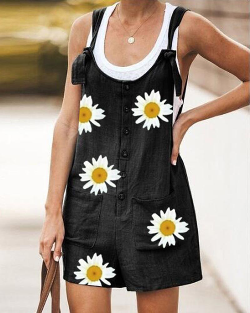 

Daisy Print Overall Pocket Design Romper, Black