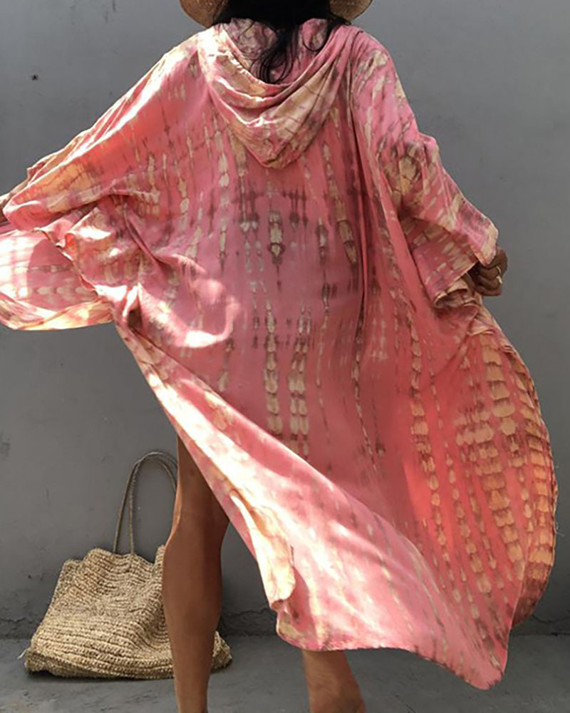 

All Over Print Side Slit Hooded Longline Cover Ups, Pink