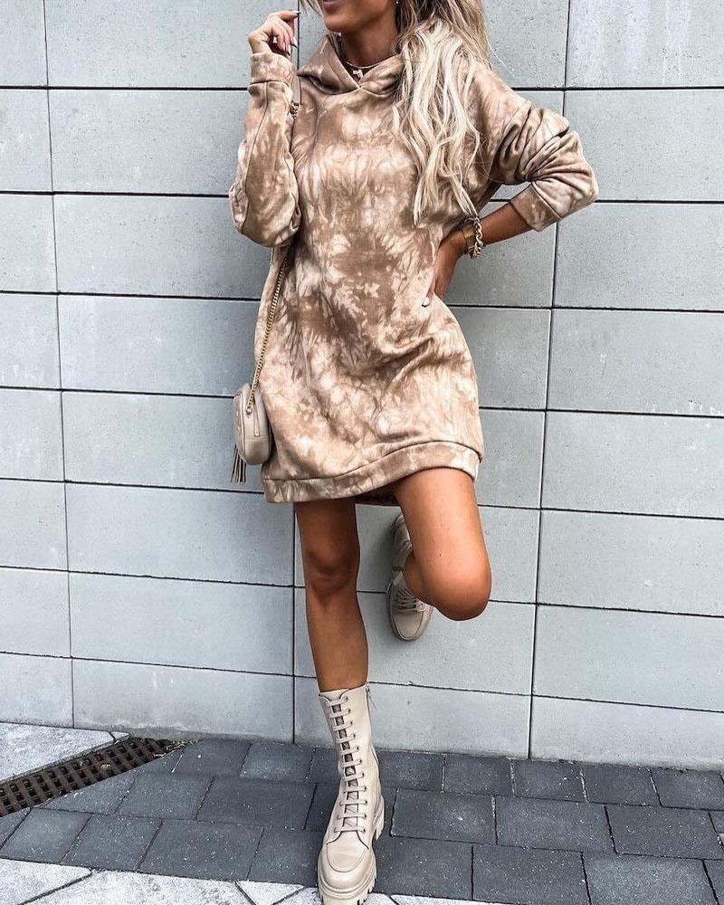 

Abstract Print Drop Shoulder Hooded Sweatshirt Dress, Khaki
