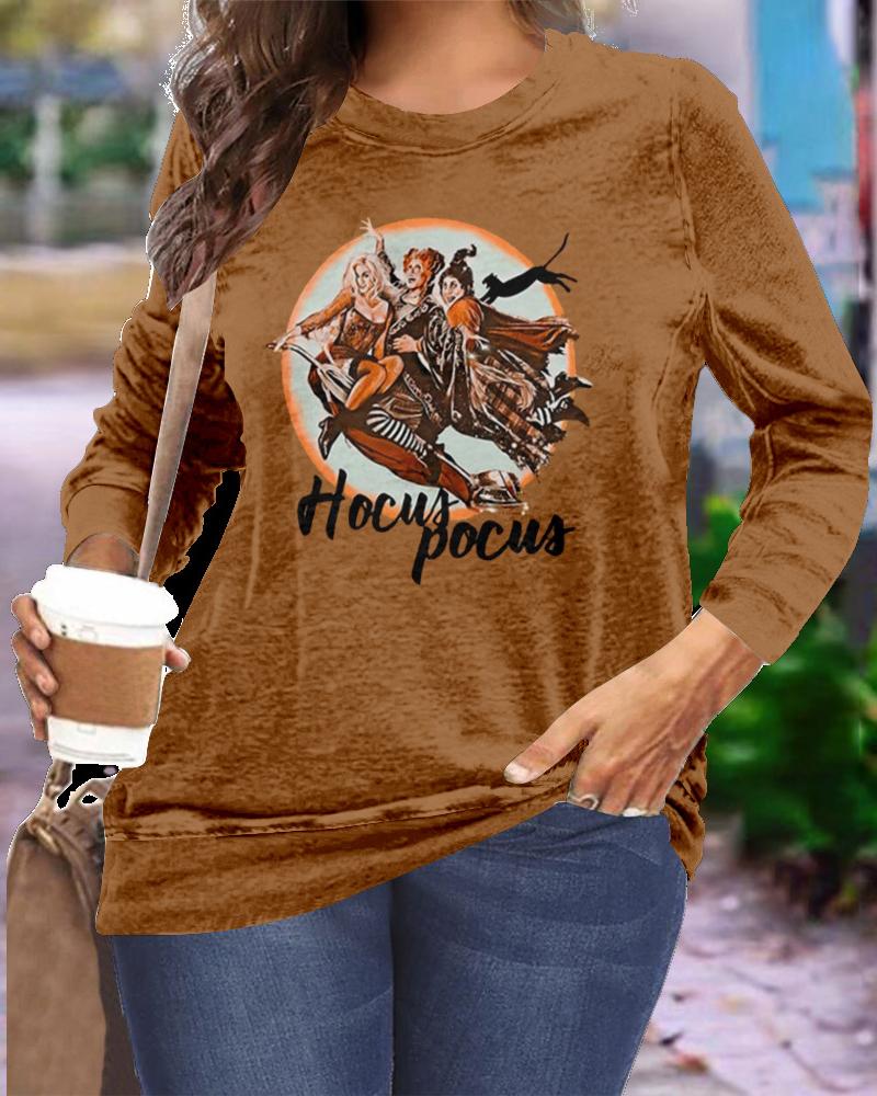 

Plus Size Halloween Hocus Pocus Print Long Sleeve Top, Brown