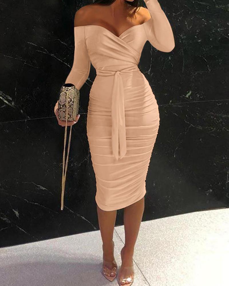 

Off Shoulder Ruched Belted Bodycon Dress, Nude