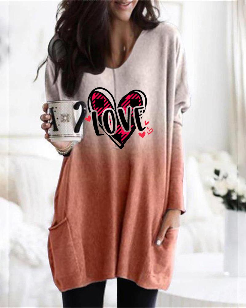 

Valentine' Day Letter Heart Print Ombre Casual Top, Orange