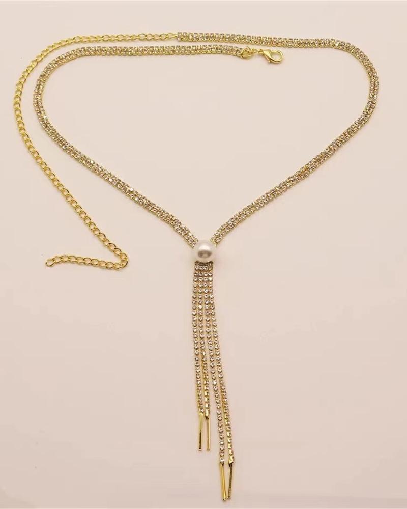 

1pc Pearl Rhinestone Tassel Necklace, Gold