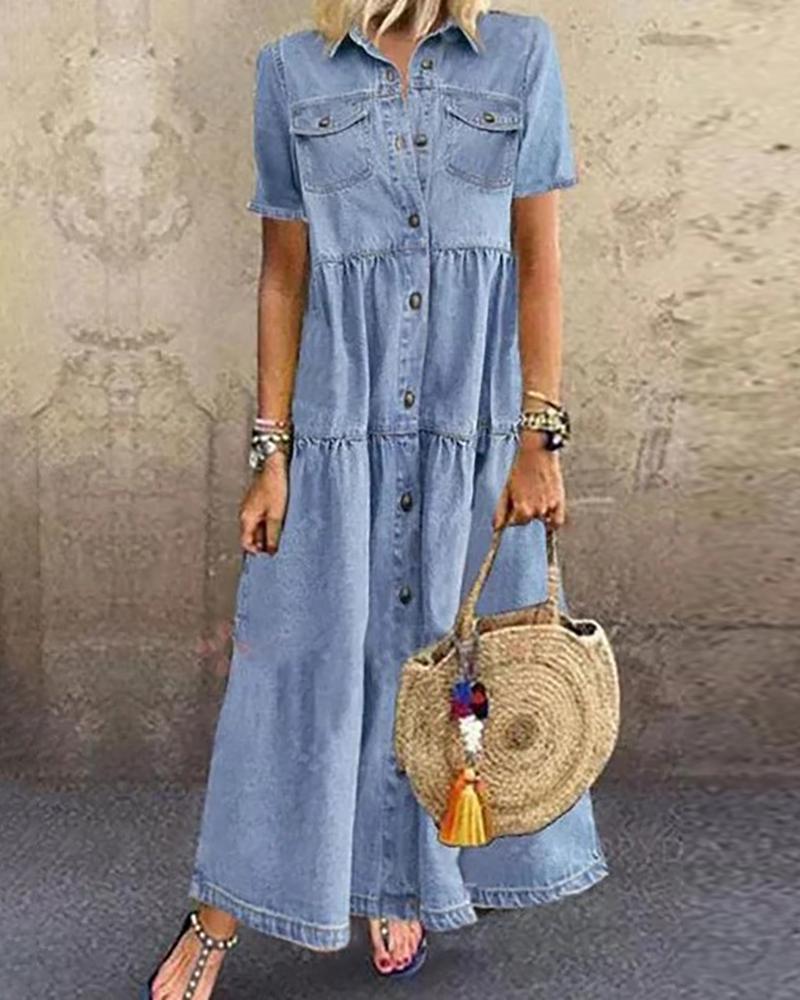 

Buttoned Pocket Design Denim Casual Dress, Blue