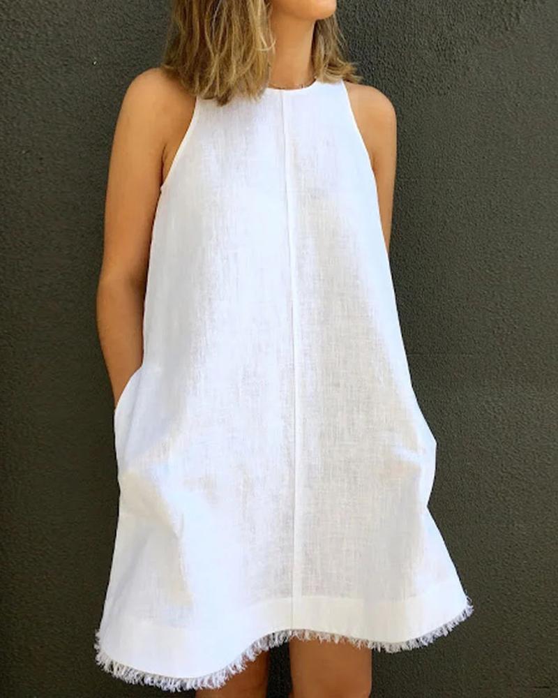 

Sleeveless Pocket Design Raw Hem Casual Dress, White