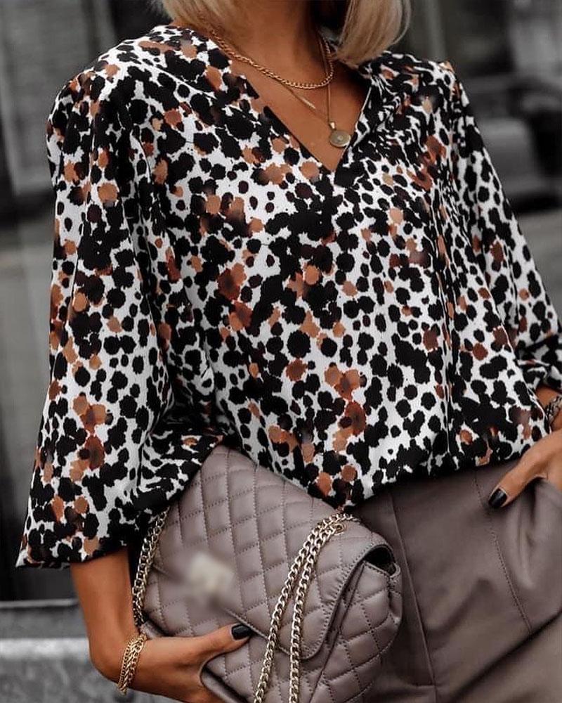 

Ink Splash Print Lantern Sleeve V-Neck Top, Multicolor