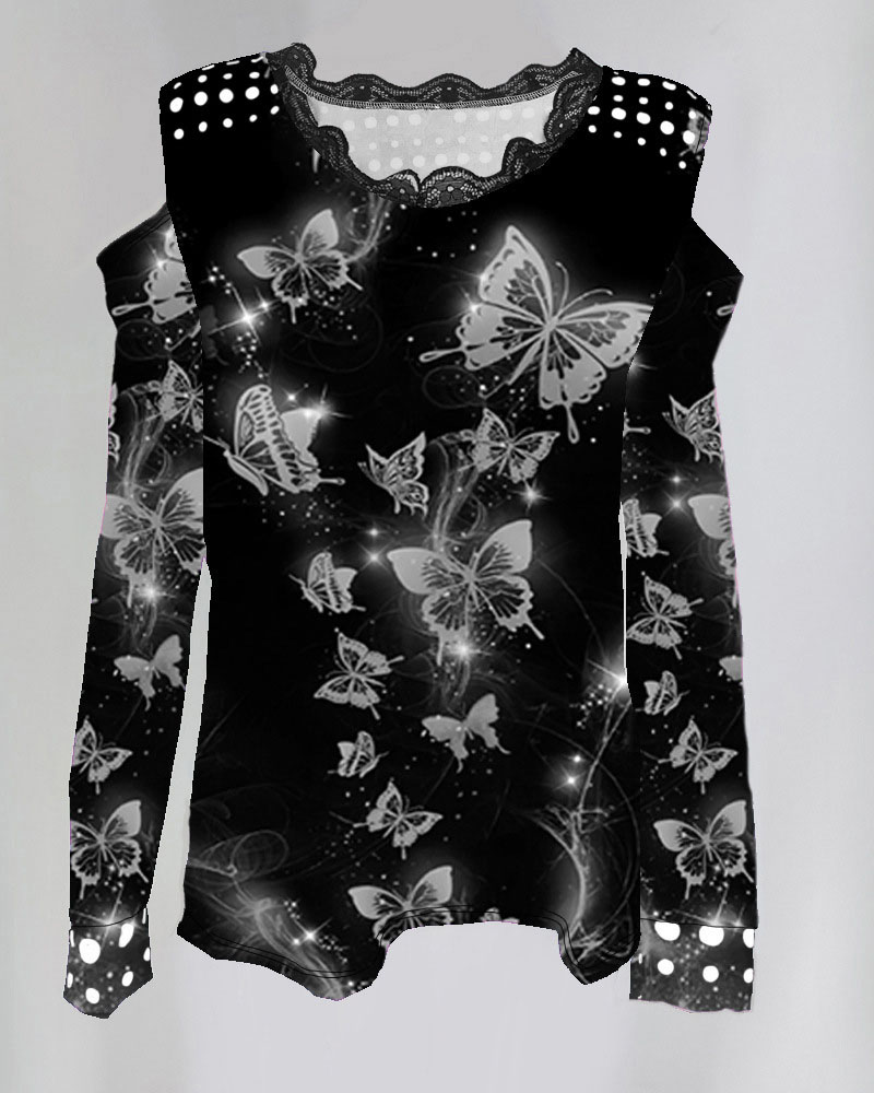 

Butterfly Print Lace Trim Cold Shoulder Top, Black