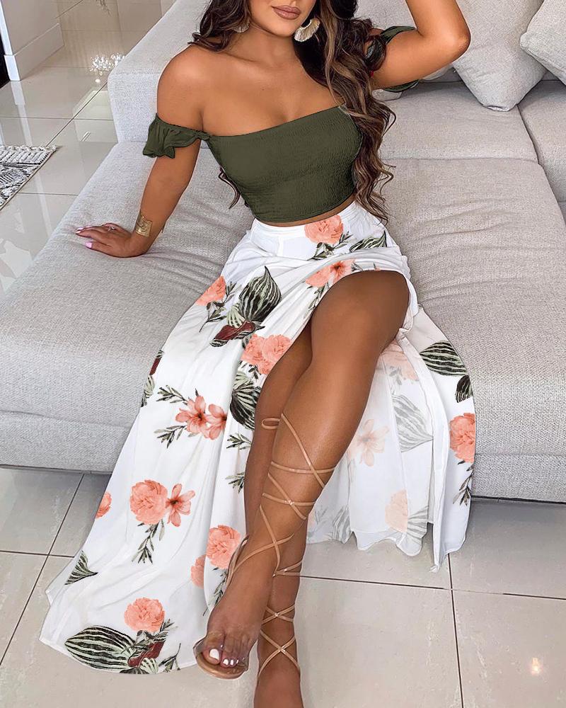 

Off Shoulder Plain Crop Top & High Slit Floral Print Maxi Skirt Set, Army green