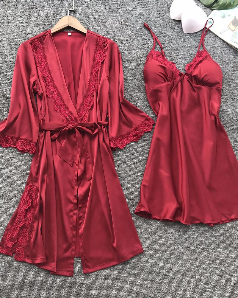 

Satin Lace Patch Nightgown With Robe, Wine red