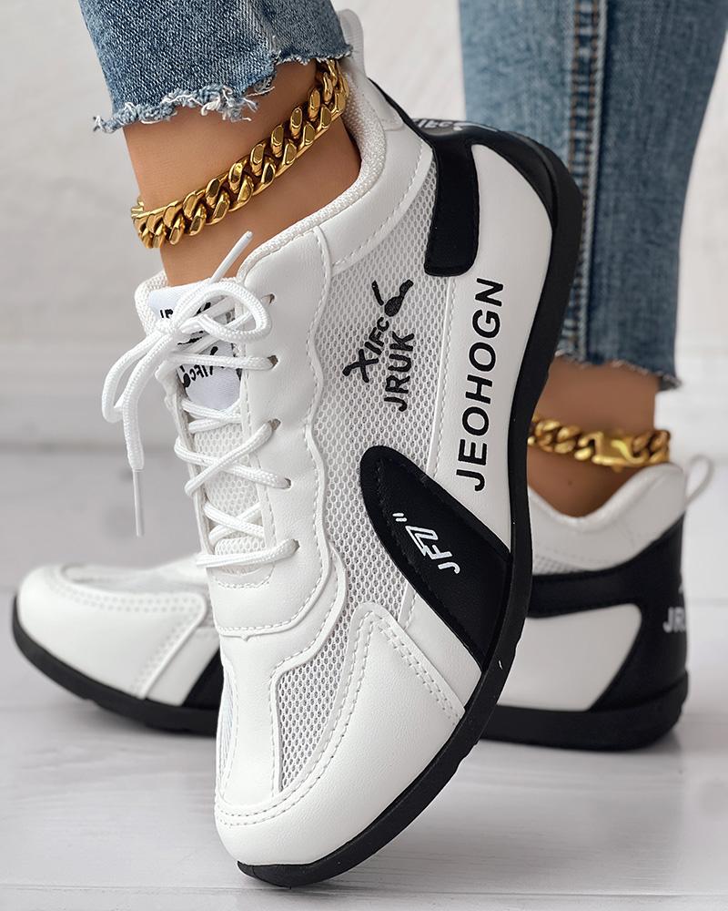 

Colorblock Letter Pattern Breathable Lace-up Sneakers, White&black