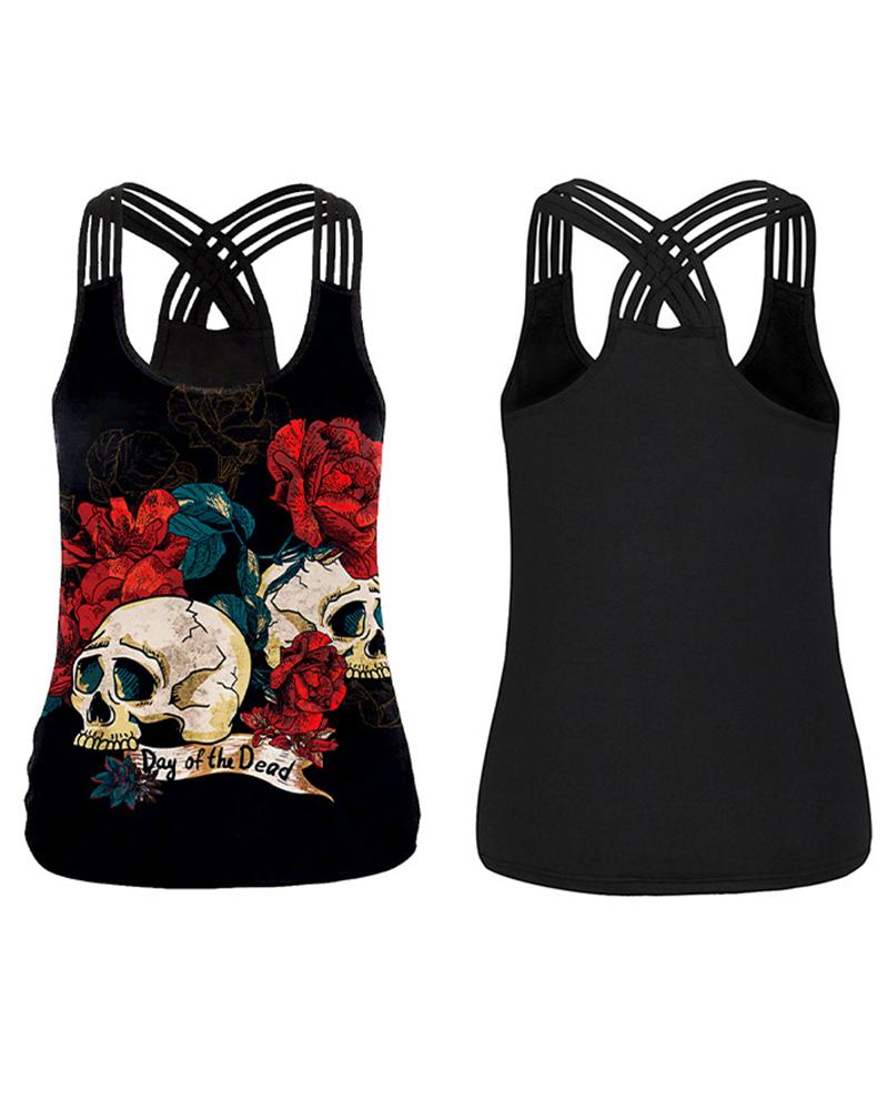 

Halloween Skull Rose Print Multi Strap Tank Top, Black
