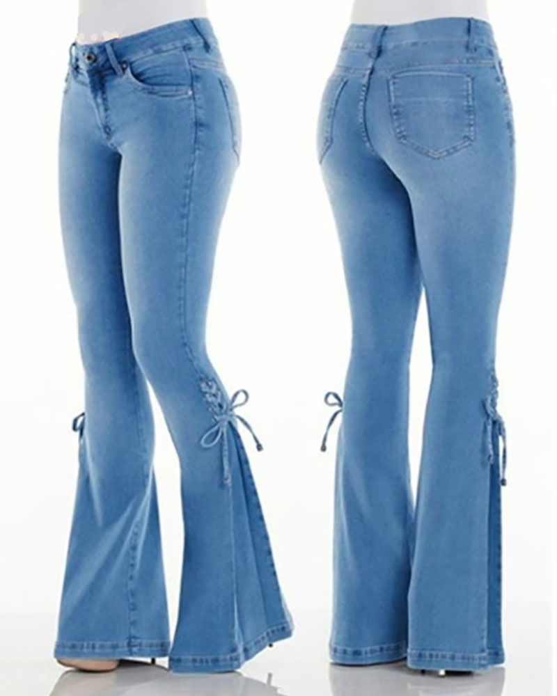 

Buttoned Pocket Design Eyelet Lace-up Flared Leg Jeans, Dark blue