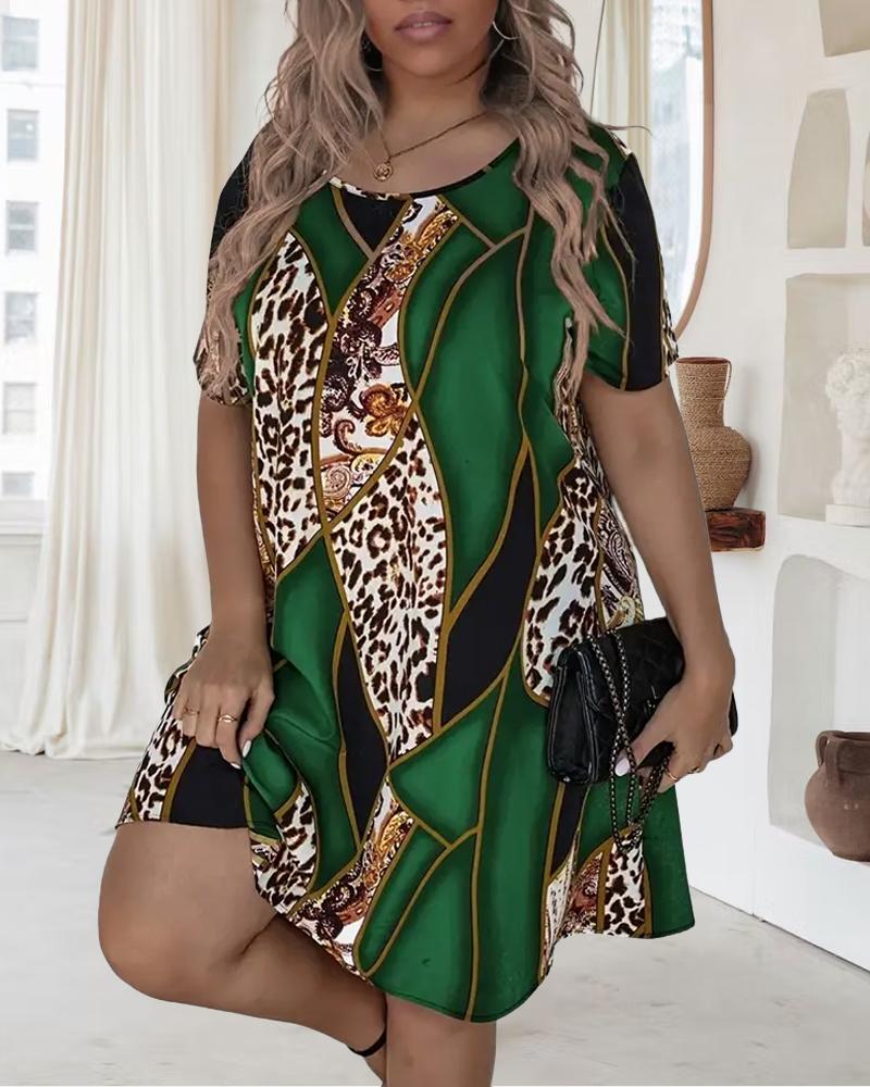 

Geometric Leopard Print Short Sleeve Sleep Dress, Green